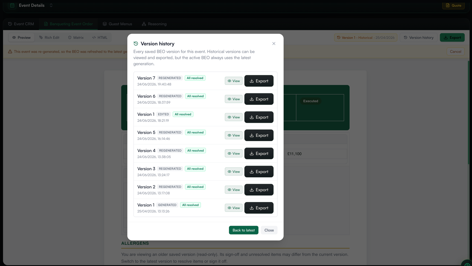 Version history for a banqueting event order showing each change, who made it and when