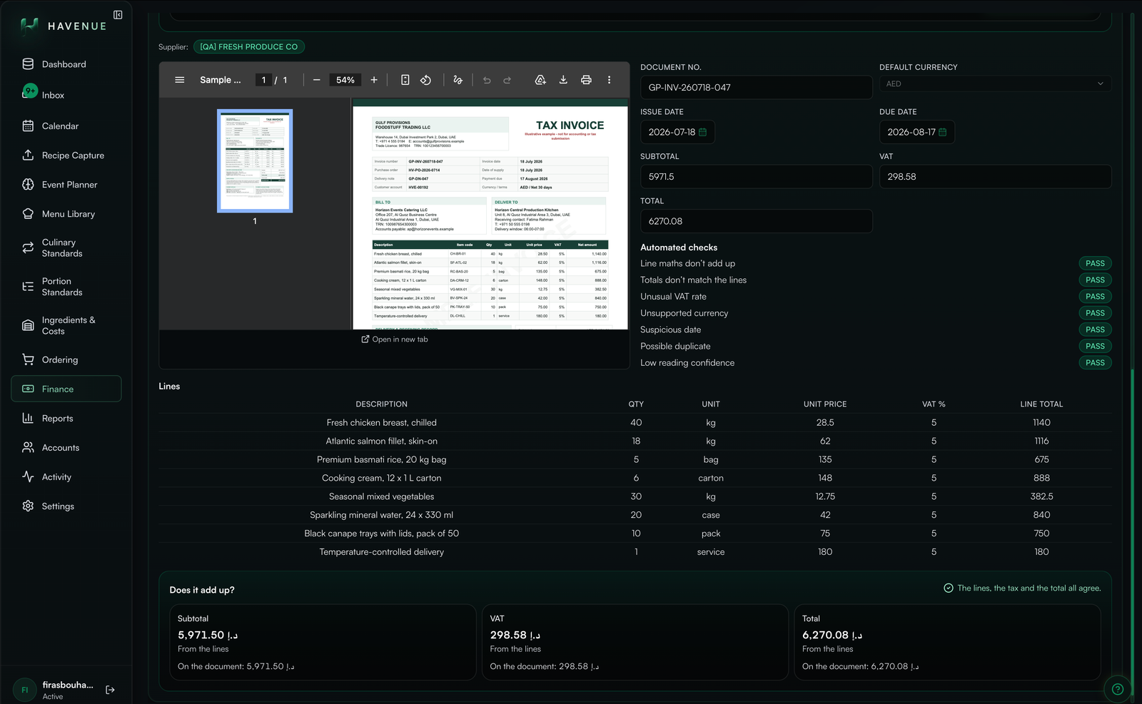 Automated invoice checks listed against a supplier bill, showing which lines passed and which need a person