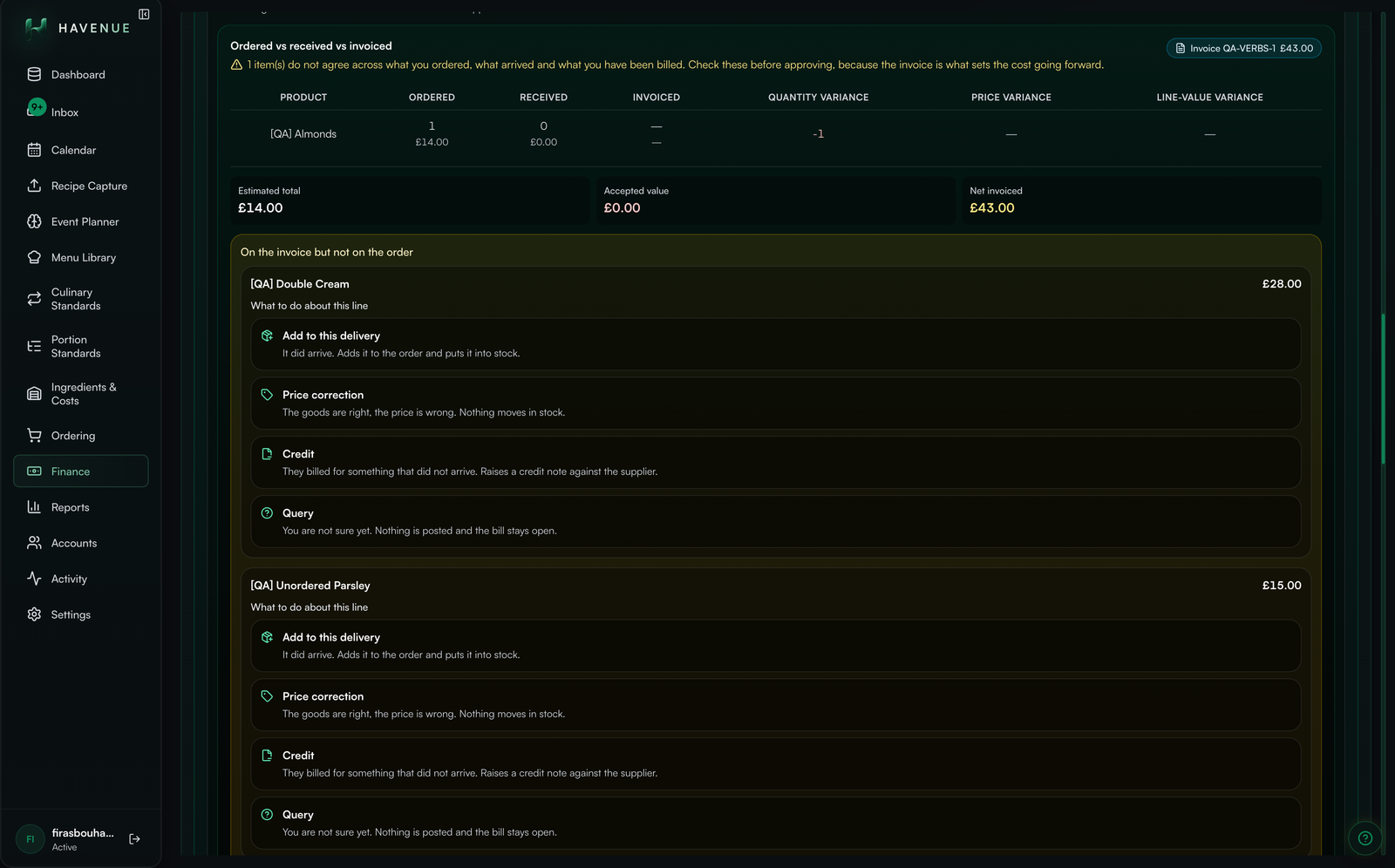 A supplier invoice matched line by line against the purchase order it came from