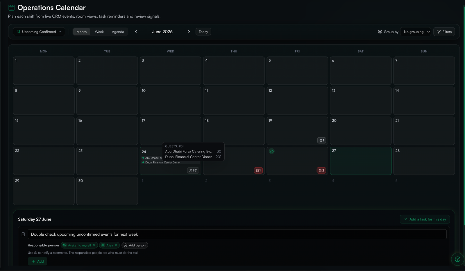 Un calendario operativo di un reparto banchetti d’albergo con gli eventi per giorno, i coperti e la fase di ciascuno