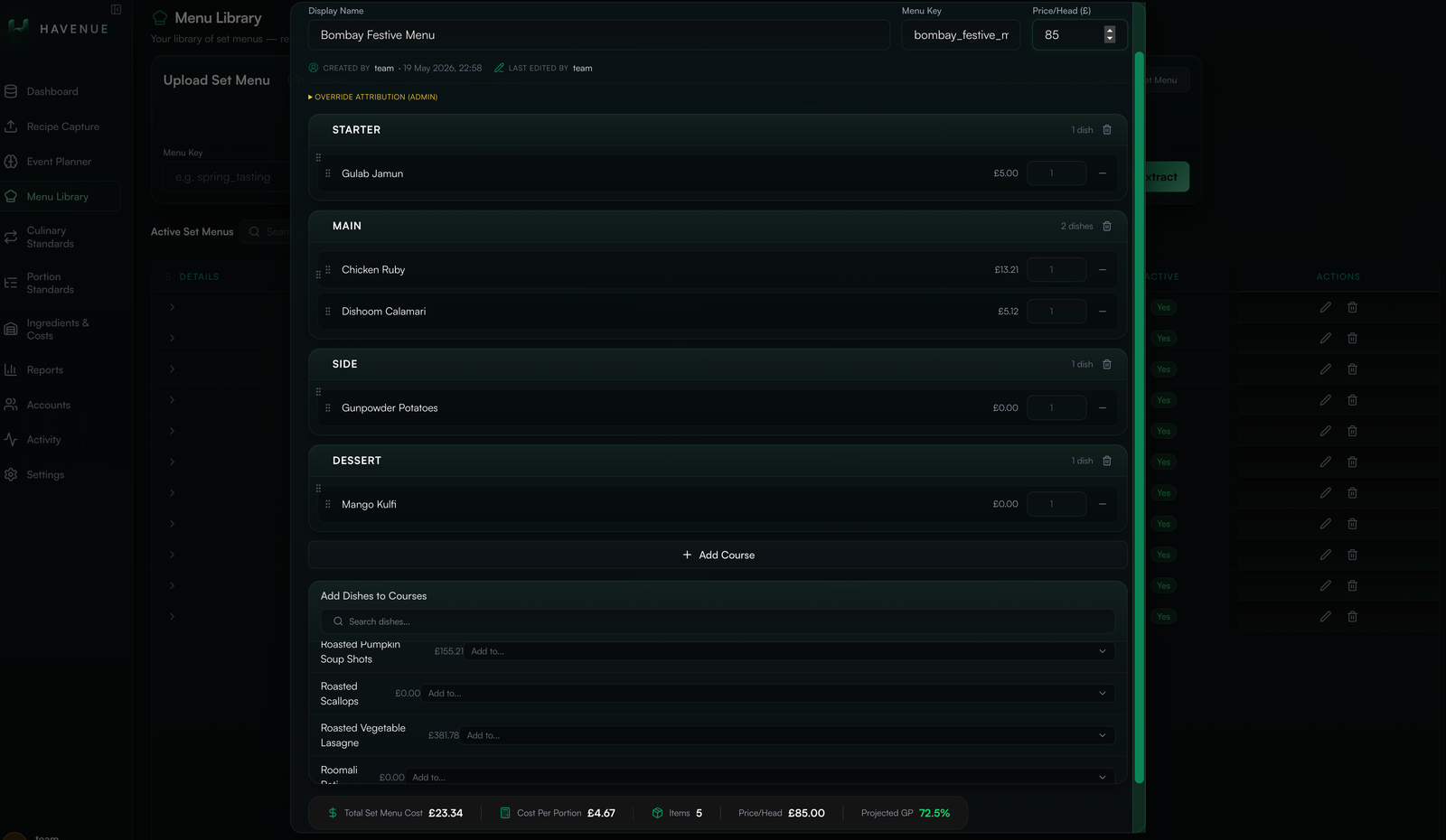 A set menu being edited with courses, dishes and the cost per head shown alongside